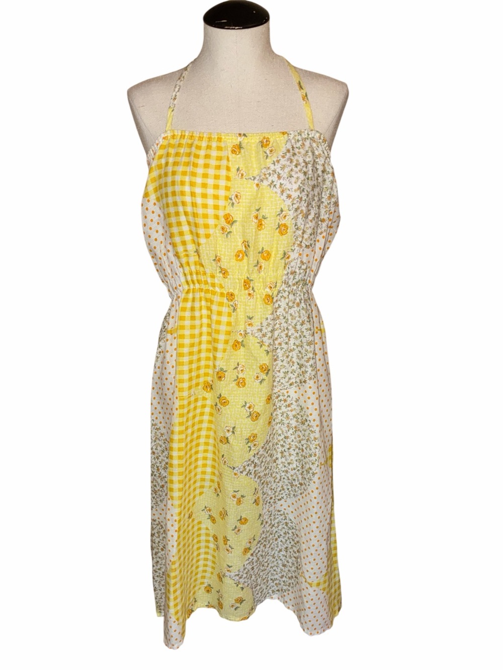 Vintage patchwork floral summer yellow halter dress milkmaid xs small prairie